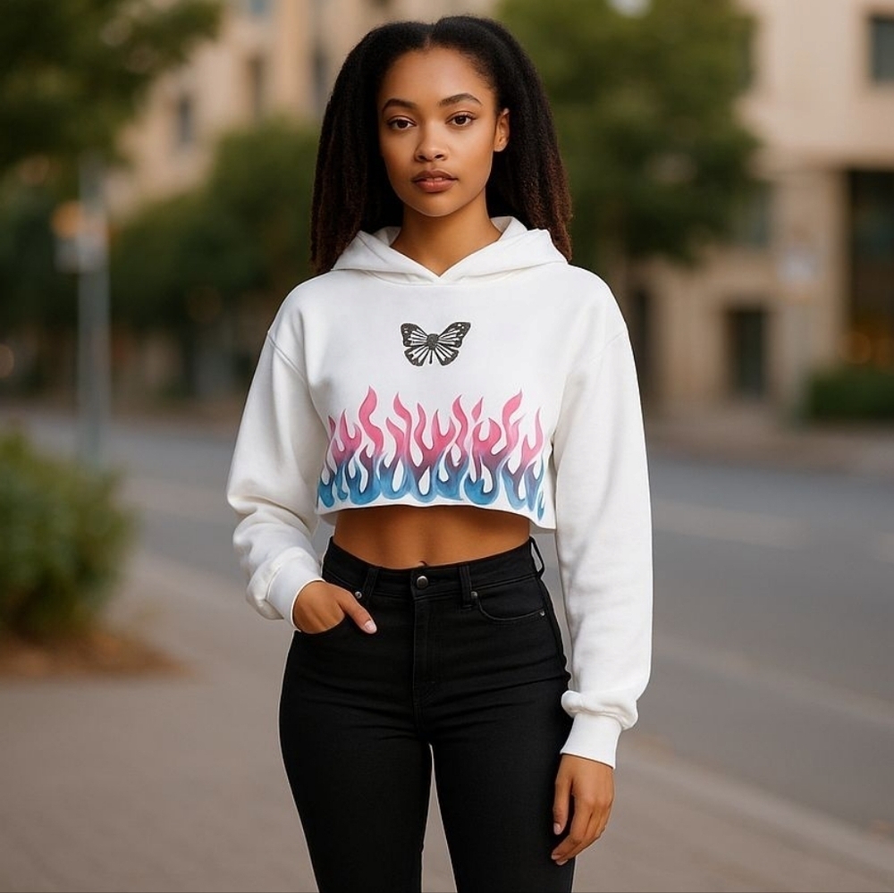 Nwt! Faded Rose flames cropped hoodie. Small